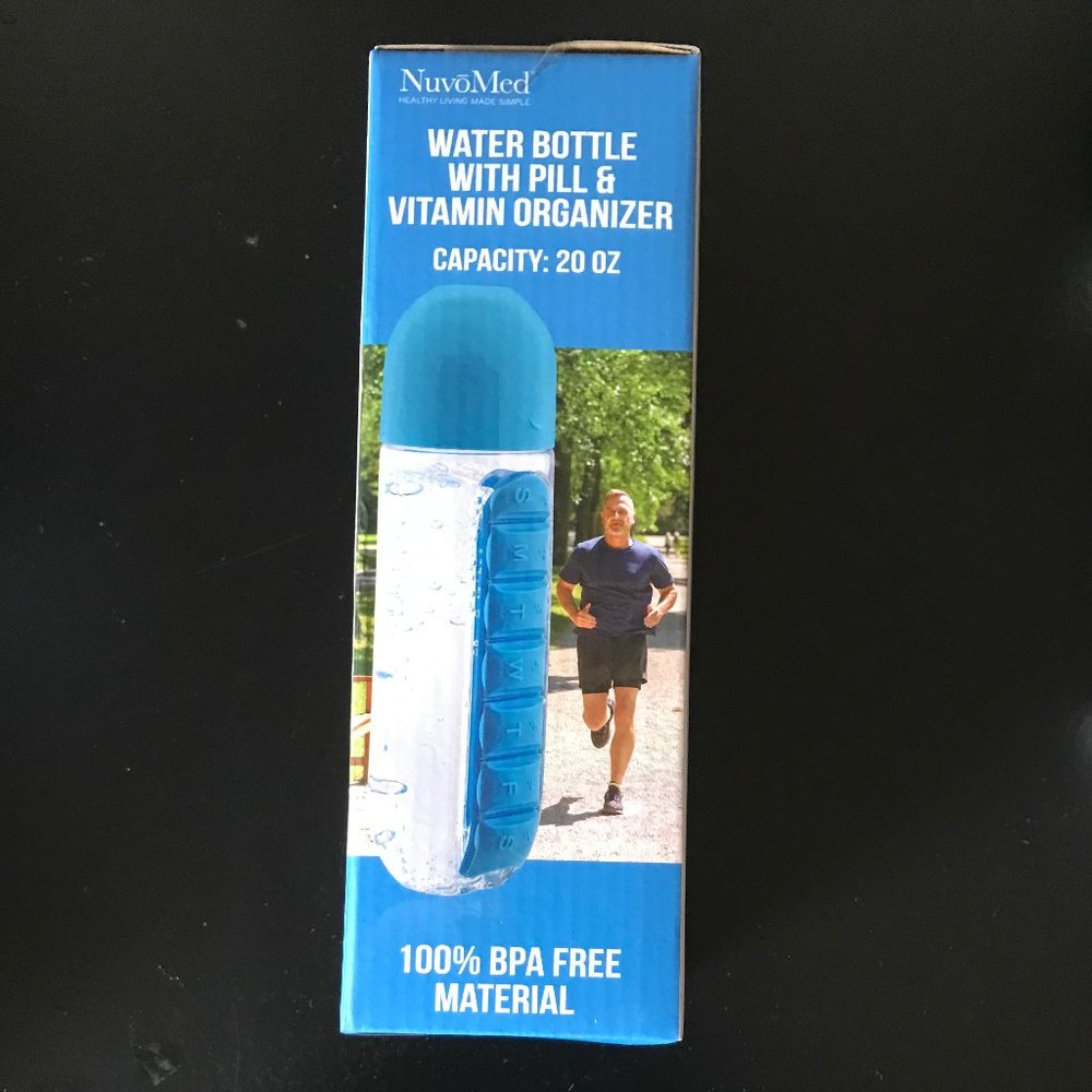 BLUE NUVOMED WATER BOTTLE WITH PILL AND VITAMIN ORGANIZER, BRAND NEW - Picture 2 of 4